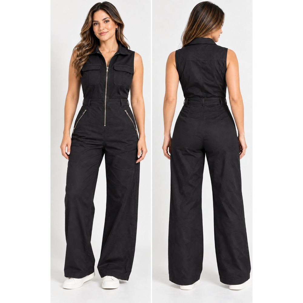 Womens Utility Jumpsuit Black Sleeveless Wide Leg Boiler Suit Size L Fits Medium